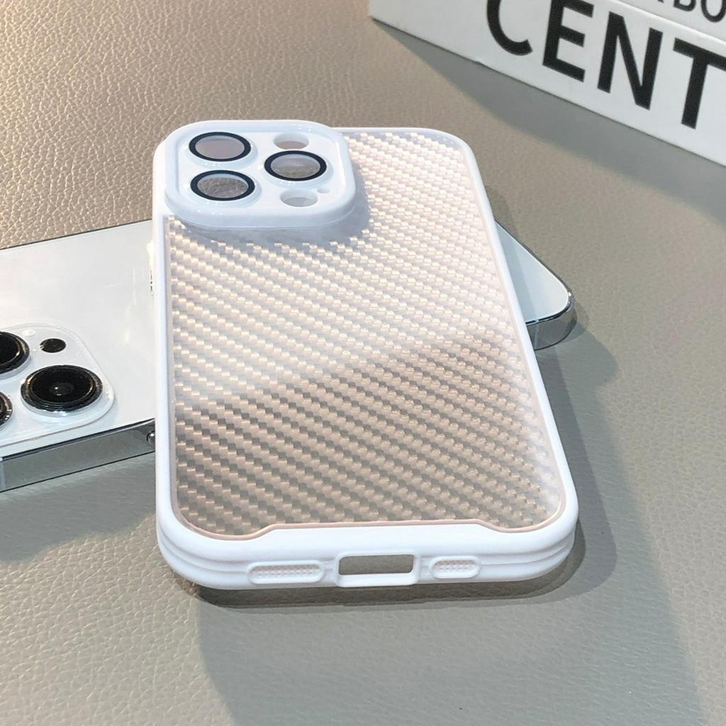 Ốp Điện Thoại Cứng Họa Tiết Sợi Carbon Màu Trắng Kèm Phim Dán Ống Kính Máy Ảnh Cho compatible for iPhone 11 12 13 14 pro max