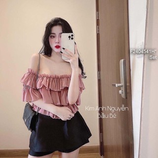Set áo bèo tầng trễ vai phối quần giả váy!