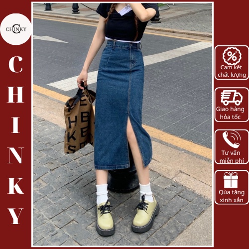 Chân váy jeans dáng dài,chân váy chữ A lưng cao form ôm màu xanh đậm phong cách Hàn Quốc