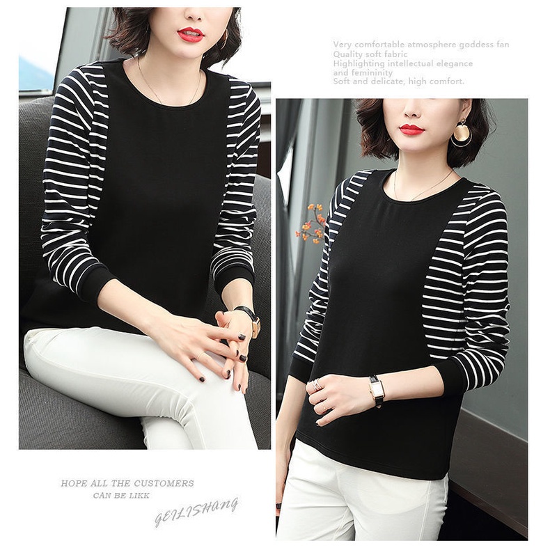 Áo Thun Tay Dài Cánh Dơi Họa Tiết Kẻ Sọc Plus Size Cho Phụ Nữ Trung Niên