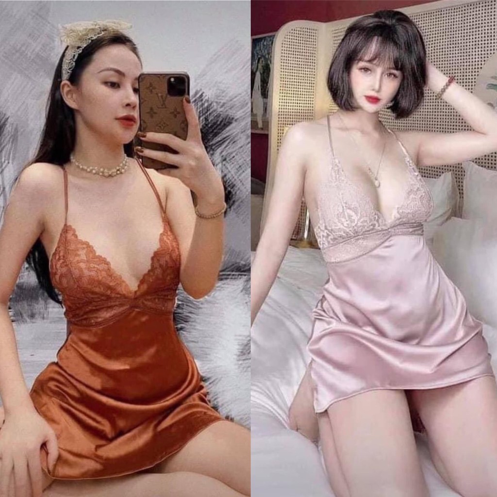 Váy ngủ lụa 2 dây ngực ren Quảng Châu cao cấp mina6nb