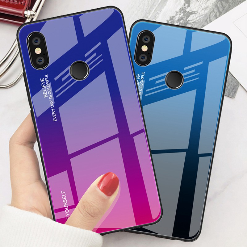 Ốp điện thoại tráng kính cường lực màu gradient thời thượng chống sốc dành cho Xiaomi Redmi Note 7 5 6 Pro