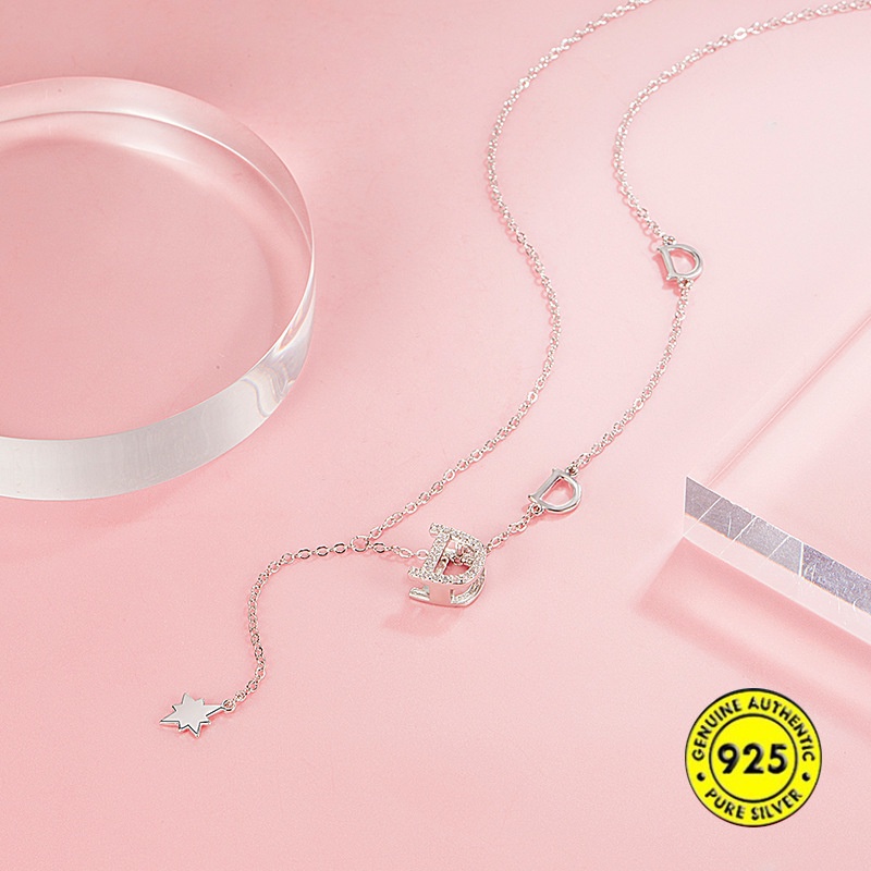 Vòng cổ Mạ Bạc 925 Mặt Chữ D Đính Đá Phối Tua Rua Thời Trang Cho Nữ