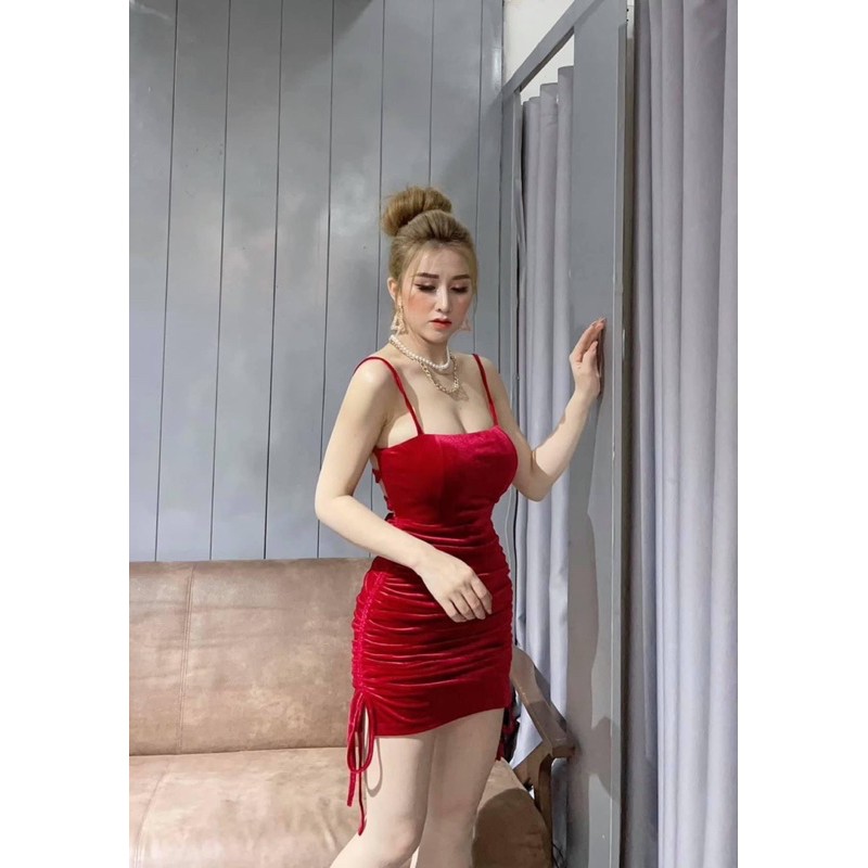 [Mã SKAMA06 giảm 8% tối đa 50K đơn 250K] Đầm nhung đan lưng dây rút 2bên có mút sẵn hình thật sp