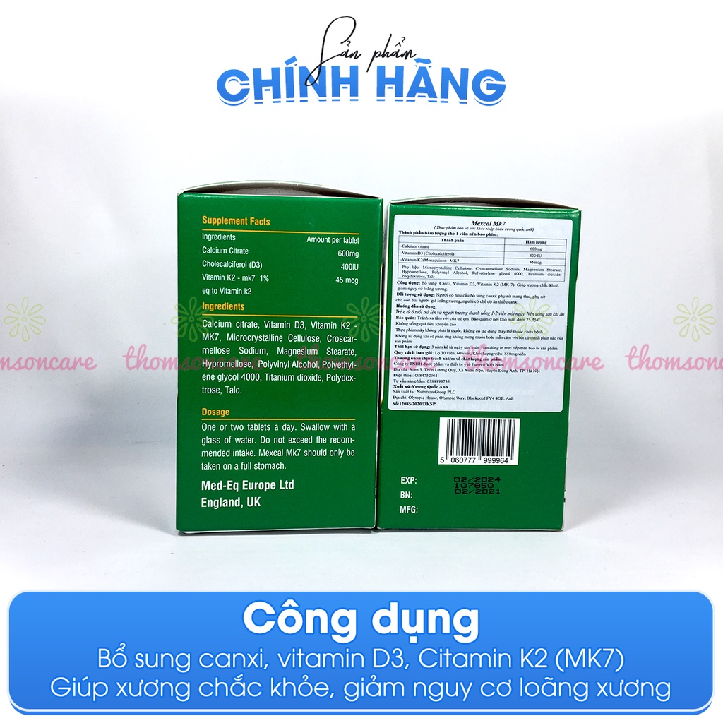 Canxi hữu cơ tăng chiều cao Mexcal MK7 từ Châu Âu,bổ sung calci có thêm D3 và K2 giảm loãng xương cho mẹ bầu