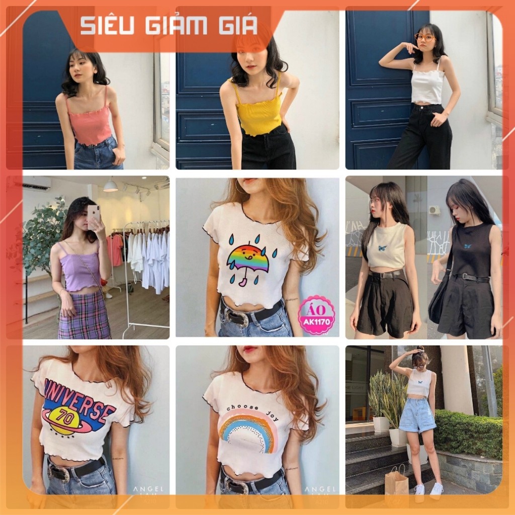 Áo Croptop 2 dây , CROPTOP NHÚN VIỀN BÈO NHIỀU MÀU kèm ảnh/video thật