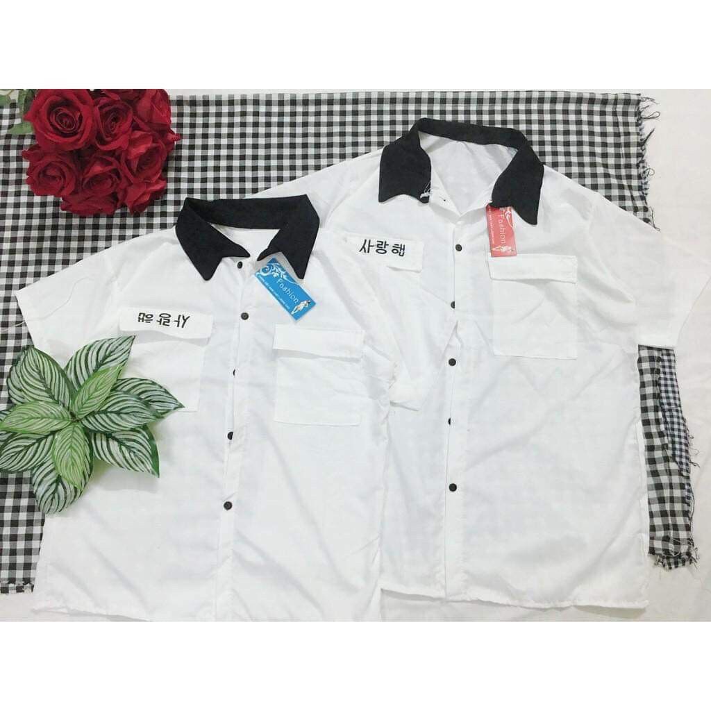 Áo sơ mi tay lỡ điệu đà phong cách HQ in chữ hànFREE SHIP
