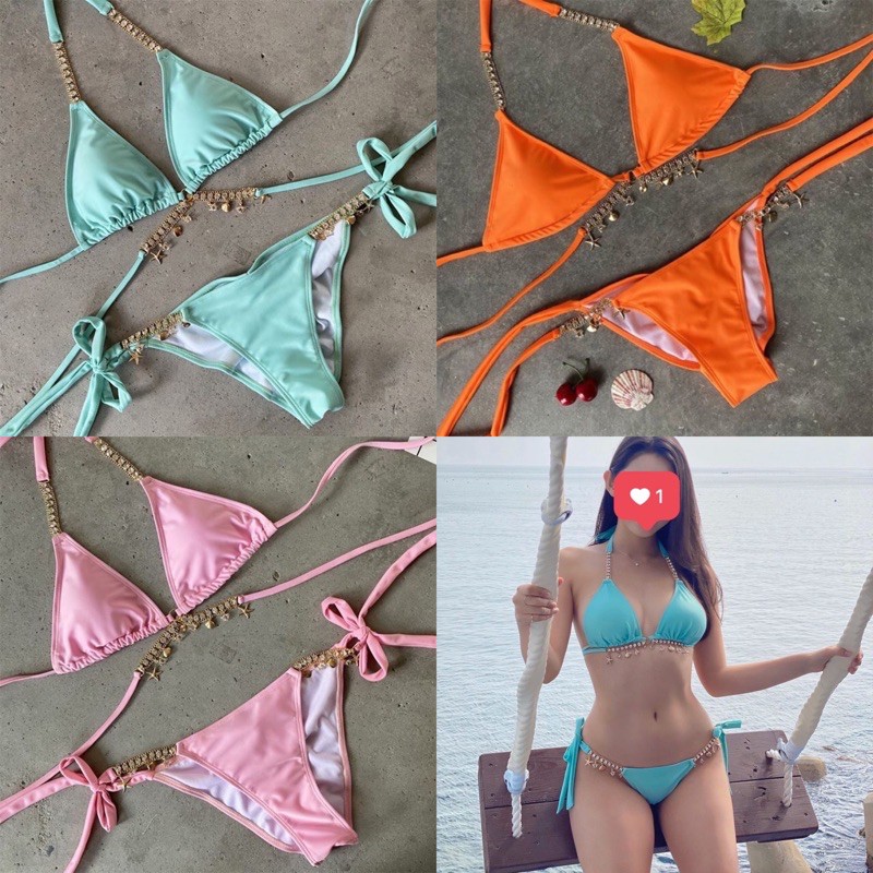 [BKN467] &lt;ÂU&gt; SET BIKINI MIX ĐÁ CHARM CAM/XANH MINT/HỒNG