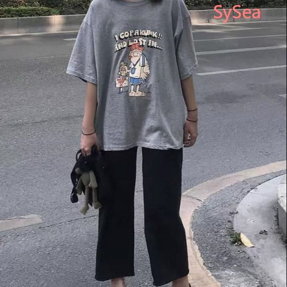 Set áo thun ngắn tay form rộng và quần ống rộng thời trang thích hợp cho nữ