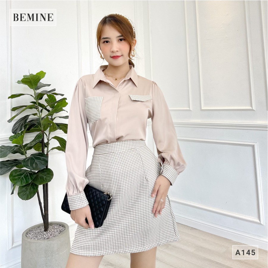 Áo sơ mi nữ công sở tay dài phối túi họa tiếc caro thanh lịch BEMINE A145DA