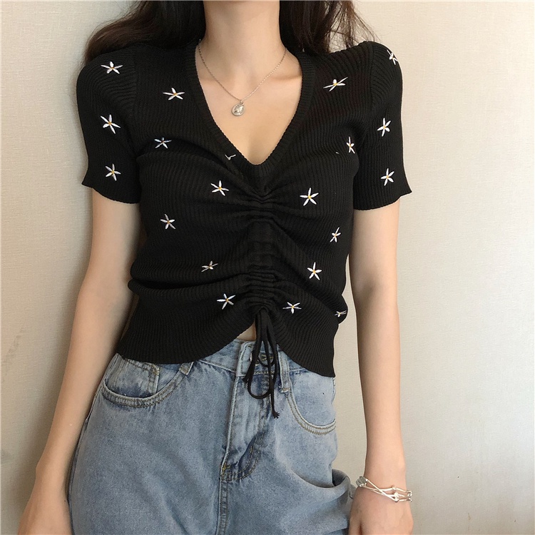 Áo Thun Dệt Kim Tay Ngắn / Ngắn Cổ Chữ v Phối Dây Rút Thời Trang Mùa Hè Mới 2022 Cho Nữ