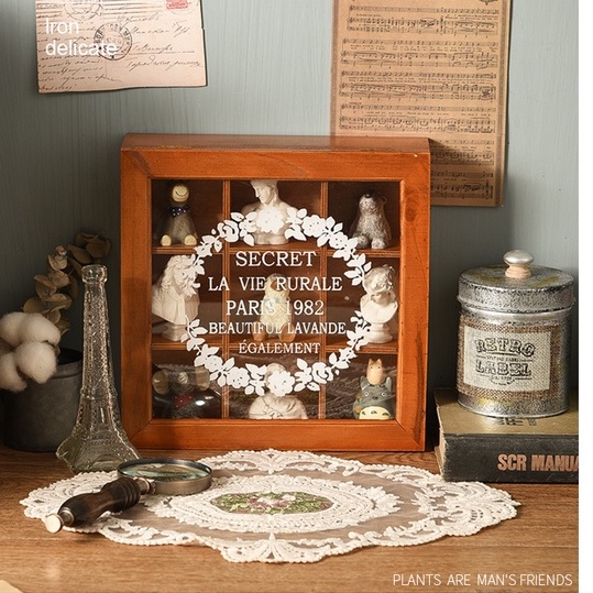 Hộp gỗ trang trí Mặt kính gương 9 ô Decor phòng phong cách Scandinavian Châu Âu Vintage bullet junk journal ZEN HANDMADE