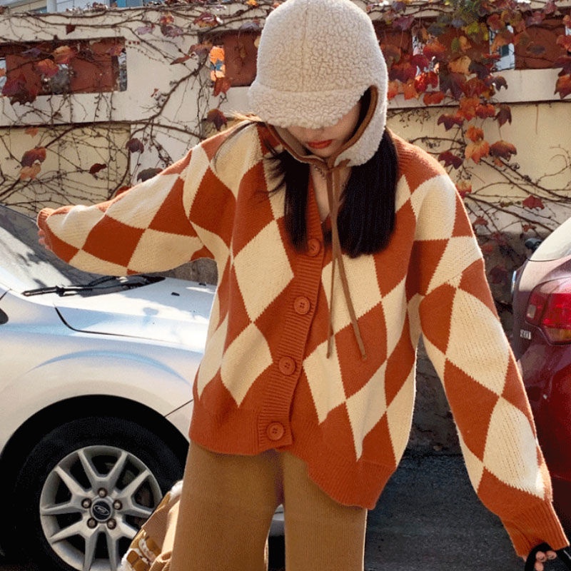 Áo Khoác Cardigan Dệt Kim Cổ Chữ V Dáng Rộng Hoạ Tiết Hình Thoi Phong Cách Retro