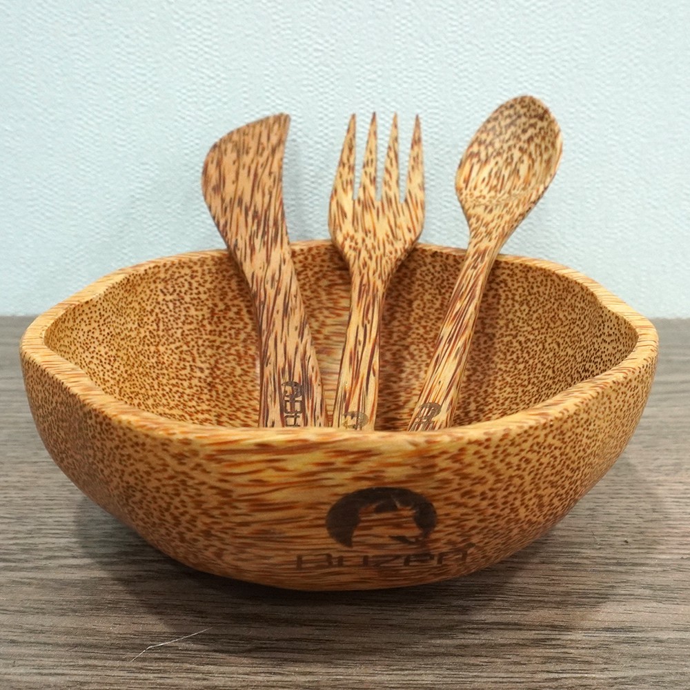 Set Tô gỗ dừa Bát gỗ dừa và dao nĩa Buzen - Hình Hoa Mai ( Coconut wood bowls)