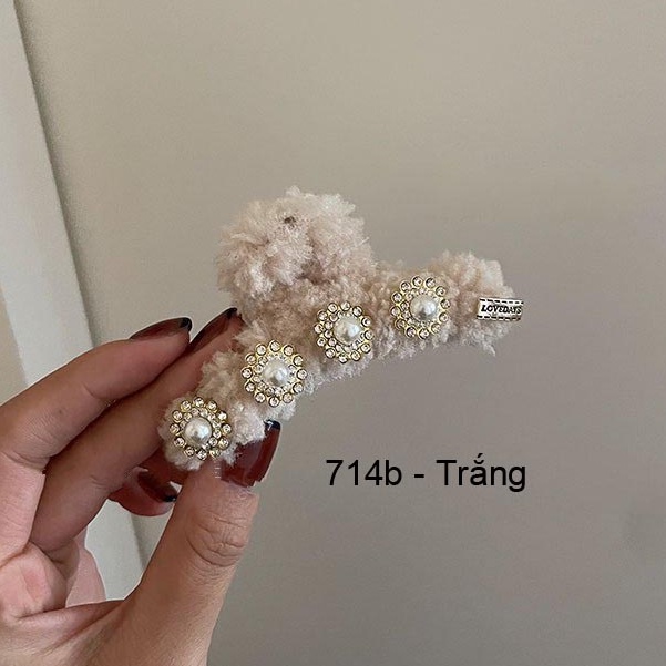 (0714) Kẹp Tóc Nhỡ Lông Cừu Hoạ Tiết Cổ Điển Sang Trọng