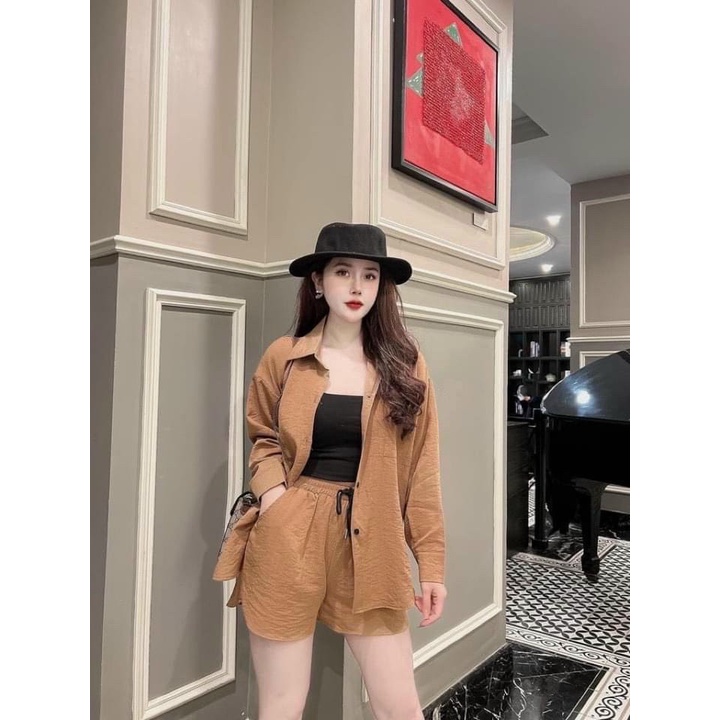 Sét bộ đồ nữ 3 món quần đùi phối áo sơ mi dài tay