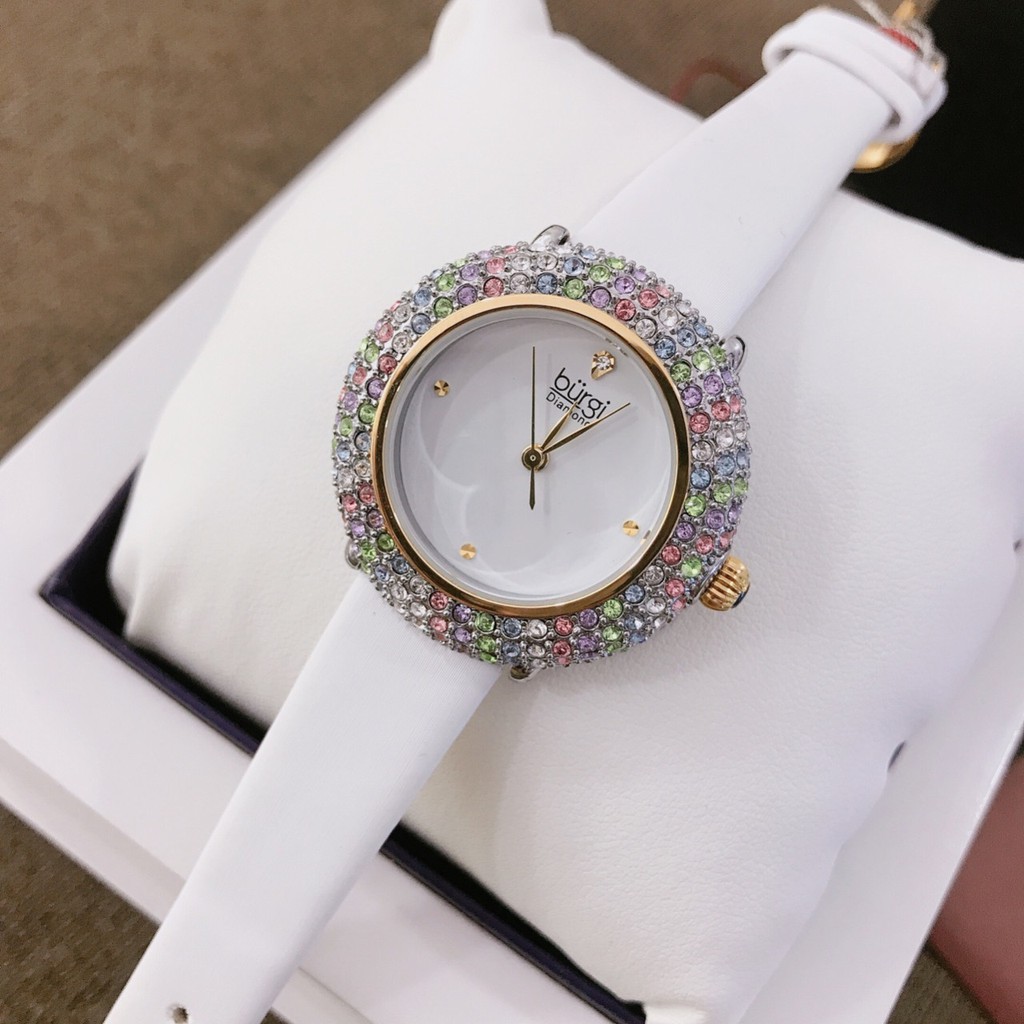 ĐỒNG HỒ NỮ THỜI TRANG BURGI BUR227 COLORED SWAROVSKI CRYSTAL DÂY DA - MÂM XÔI ĐÍNH ĐÁ CỰC SANG - SIZE 33MM