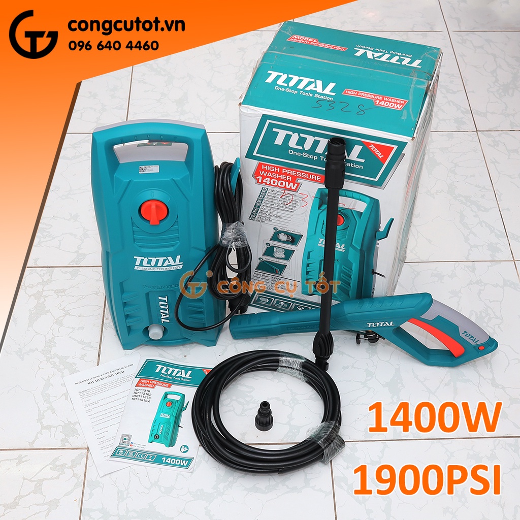 Bộ máy xịt rửa áp lực 1900psi 1400W 220V tốc độ 5.5 lít/phút kèm 5m dây và vòi Total