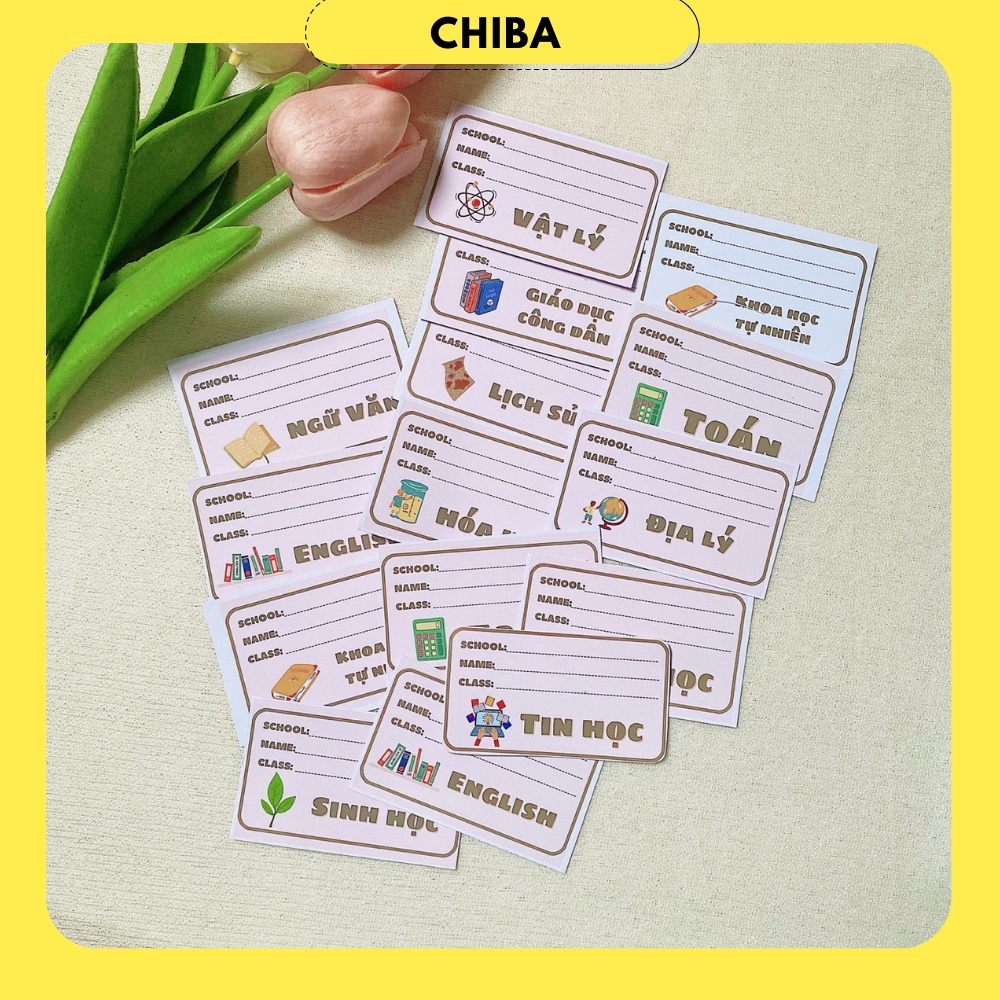 Set 16 nhãn vở tone nâu in theo môn học, có decal dán phía sau - Chị Ba House