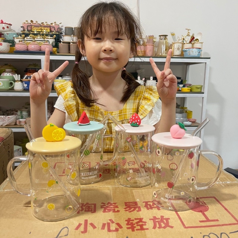 Cốc uống Nước, Ly nước kèm ống hút thuỷ tinh decor dễ thương