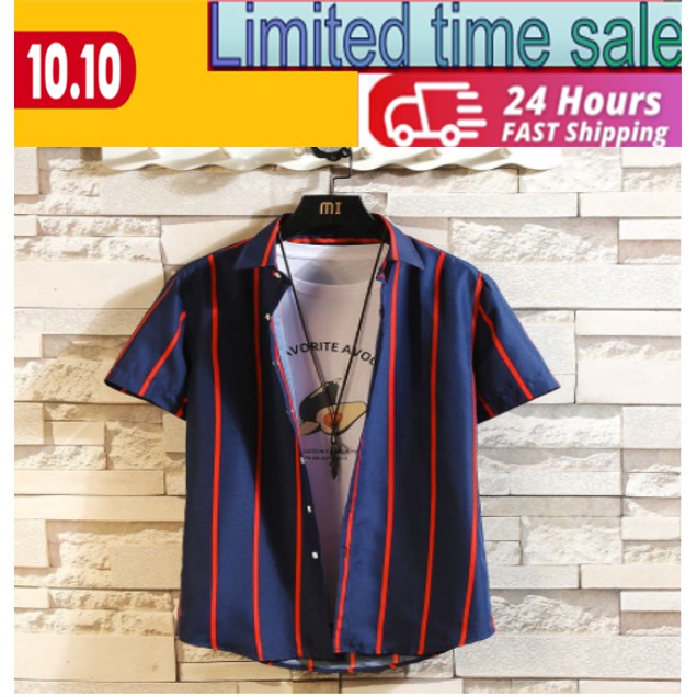 "'Áo Sơ Mi Ngắn Tay Kẻ Sọc Dọc Thời Trang Mùa Hè Mới In inch Meju modus baru musim panas baju tidur pendek garis menegak perniagaan garis cekik Incipakaian Lelakidicetak * * 💖Fa mới