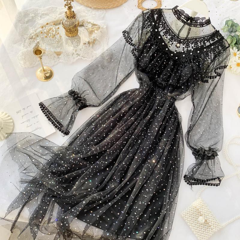 M68 - Đầm công chúa Ulzzang tay bồng eo chun viền ren bèo ngực đính đá kim sa lấp lánh