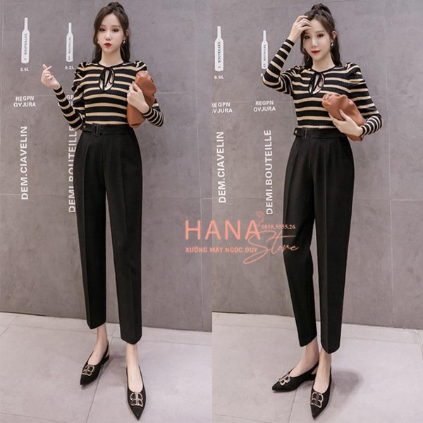 Quần baggy đai vuông lệch bọc vải cúc bấm - Màu Đen Be - Chất vải tuyết mưa dày dặn - Mặc đi làm công sở đi học đi chơi