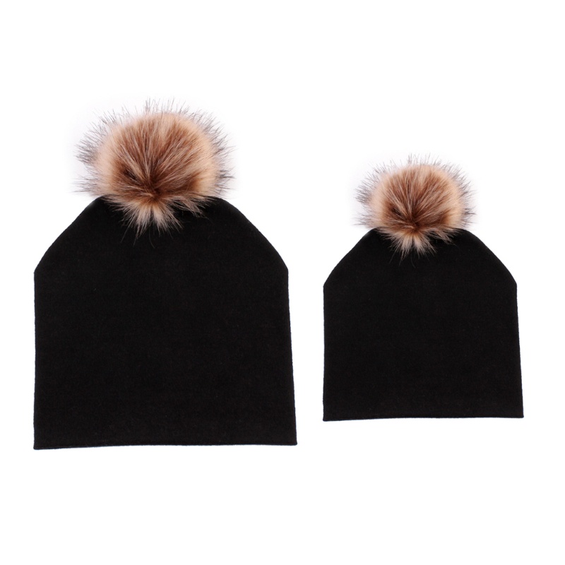 Mũ Beanie Cotton Phối Bóng Lông Mềm Mại Giữ Ấm Mùa Đông Dành Cho Mẹ Và Bé