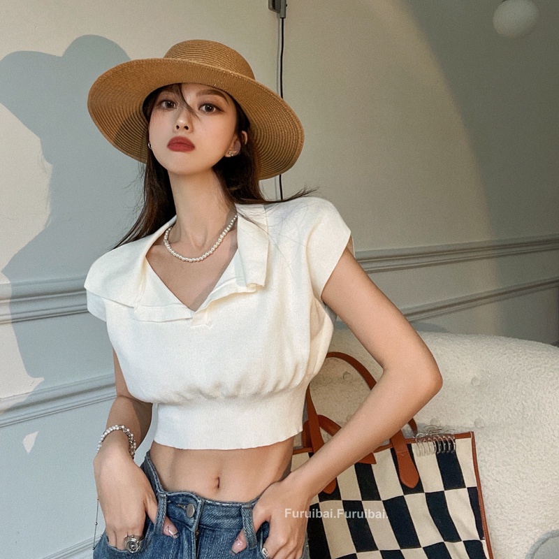 Áo dệt kim SUXI cổ bẻ dáng ôm phong cách Hàn Quốc thời trang mùa hè cho nữ