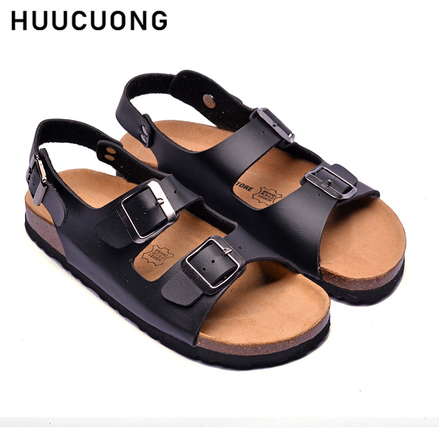 Giày Sandal Unisex HuuCuong 2 khóa đen đế trấu handmade