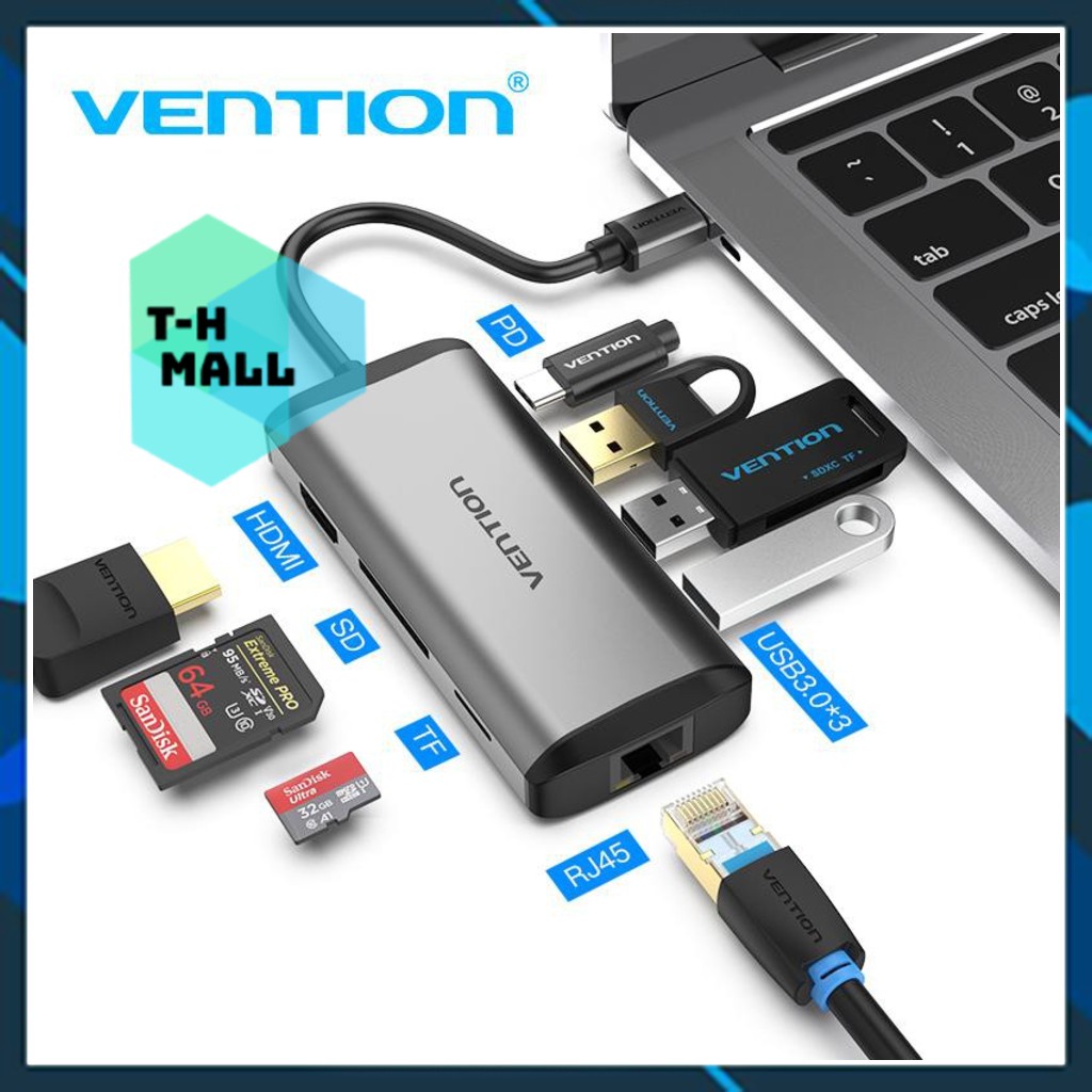 Bộ chuyển đổi hub 8 trong 1 Vention type C to USB3.0 / HDMI / PD / RJ45 / SD / TF card 8 in 1