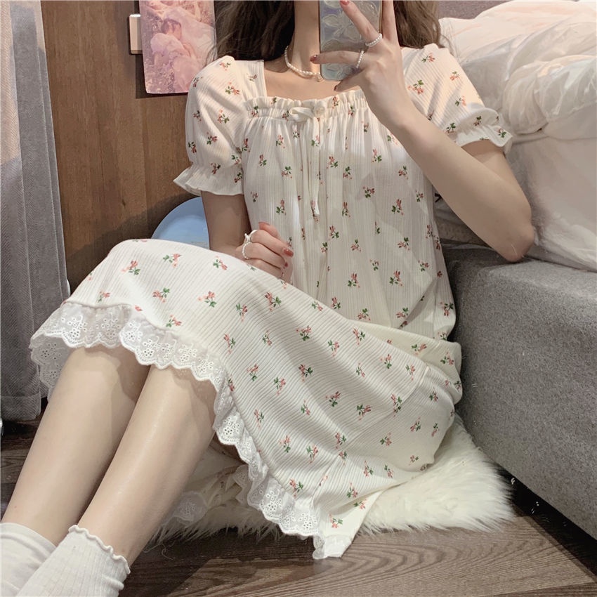 Đầm ngủ tay ngắn dáng rộng in họa tiết hoa phong cách nhật bản thời trang mùa hè xinh xắn dành cho nữ