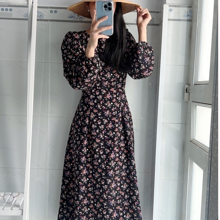 [Ảnh thật] Đầm midi hoa nhí tay dài cột nơ