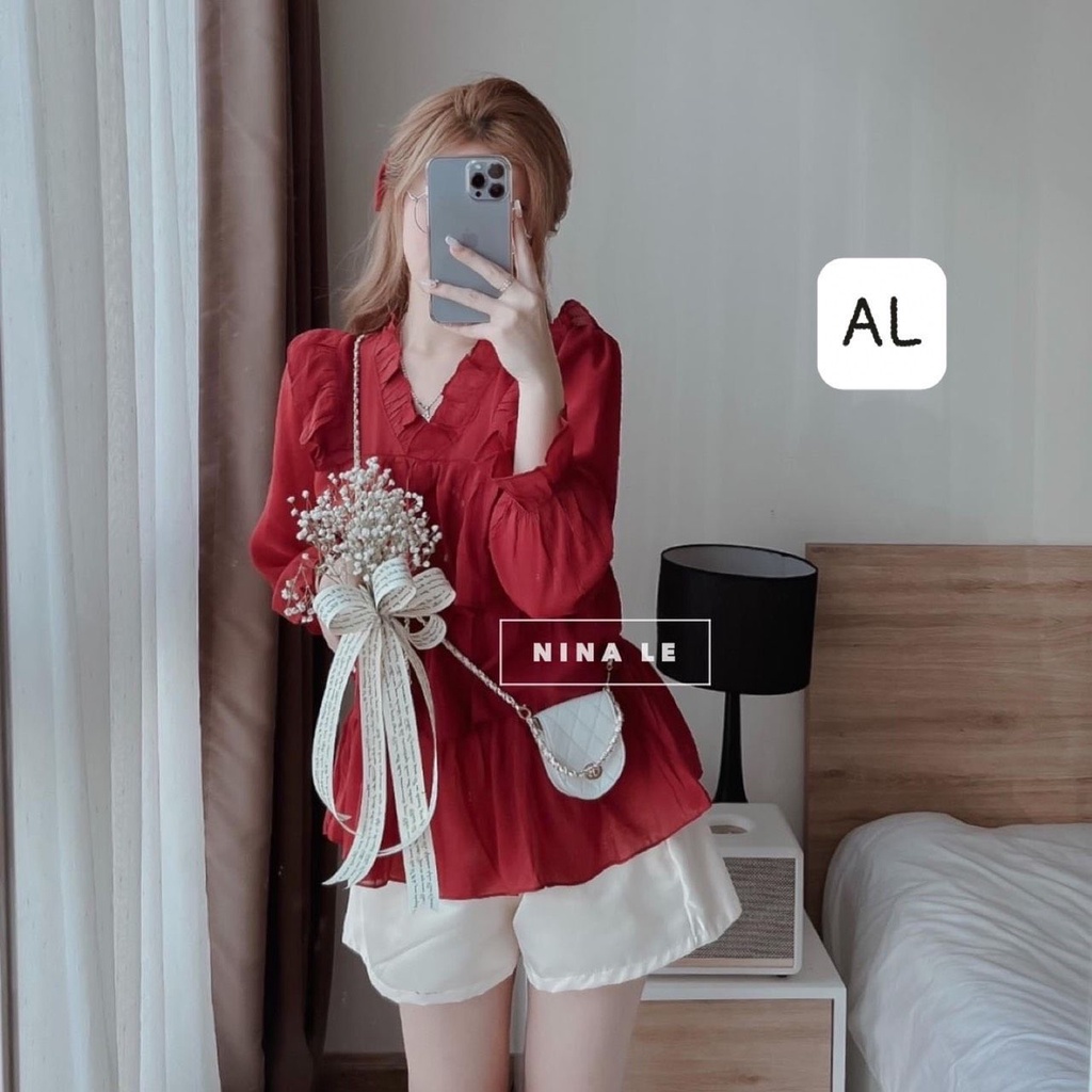 Sét bộ áo đũi tầng đỏ - xanh quần sooc phồng