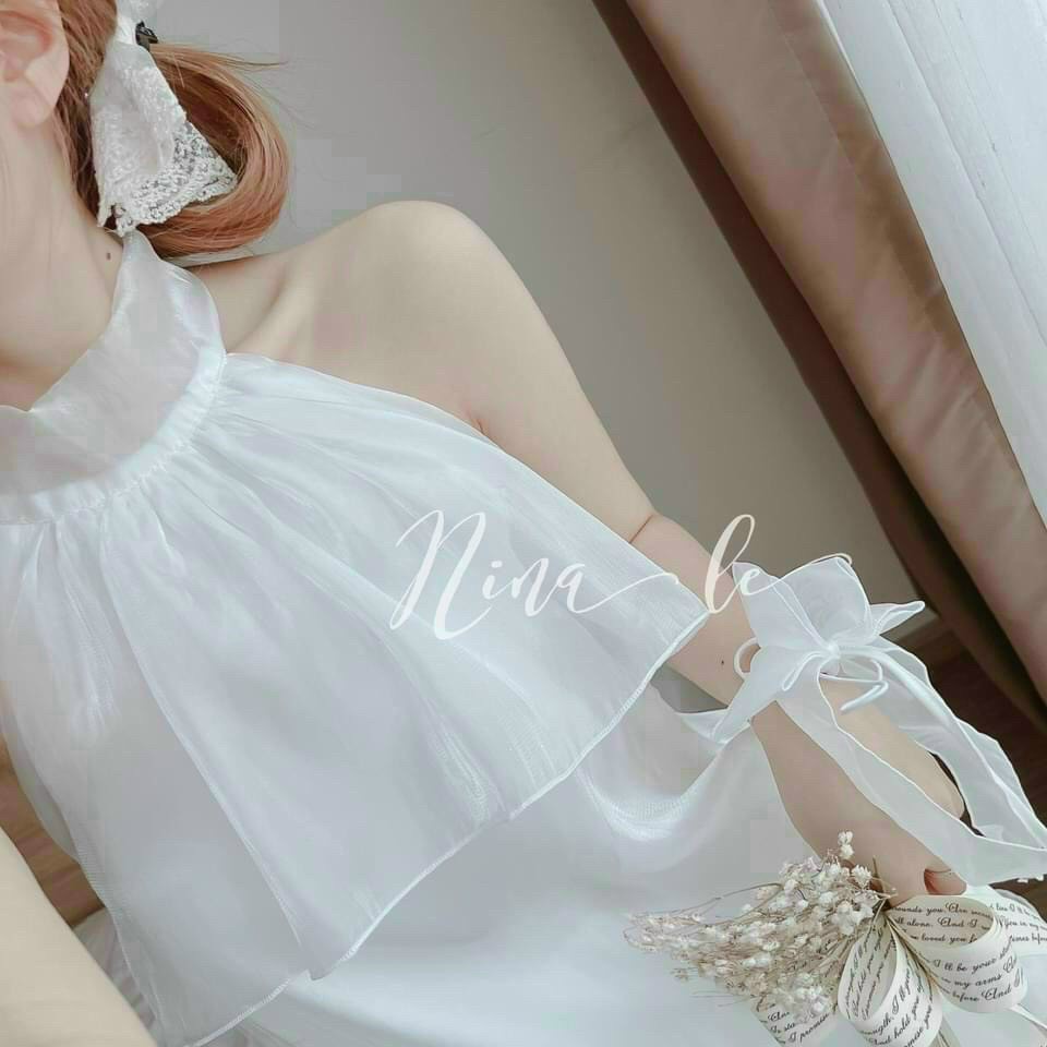 [8.8 Sales Freeship] Set bộ voan trắng cổ yếm tầng hở lưng, set áo yếm xòe babadoll mix chân váy xòe siêu xinh