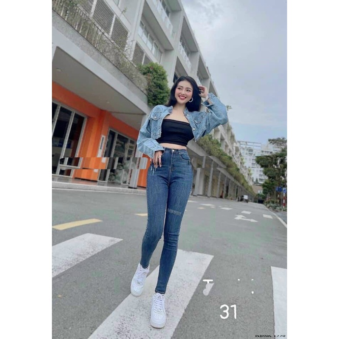 QUẦN SKINNY JEANS GIÃN DÀI NỮ LƯNG CAO LAI CUỐN RÁCH NHẸ TÚI PHỐI CÀO NHẸ GỐI MÀU XANH ĐẬM, XANH NHẠT CAO CẤP NITIQC