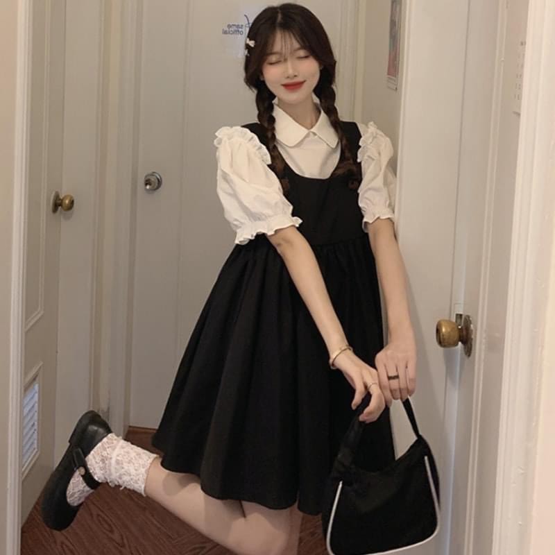 Set Áo Sơ Mi Trắng Tay Bồng Bèo Nhẹ Và Váy Yếm Babydoll Xếp Ly Nhẹ Cực Xinh - S.041 | BigBuy360 - bigbuy360.vn