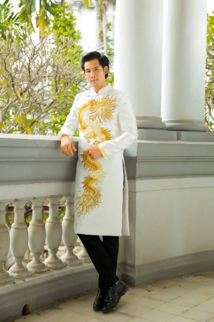 Áo dài cách tân nam vẽ tay/ thêu tay thiết kế 2 lớp, tay vest đứng form