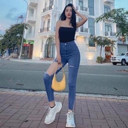 Quần jean nữ lưng cao rách gối Mixi, mang phong cách đầy cá tính Hàn Quốc J001