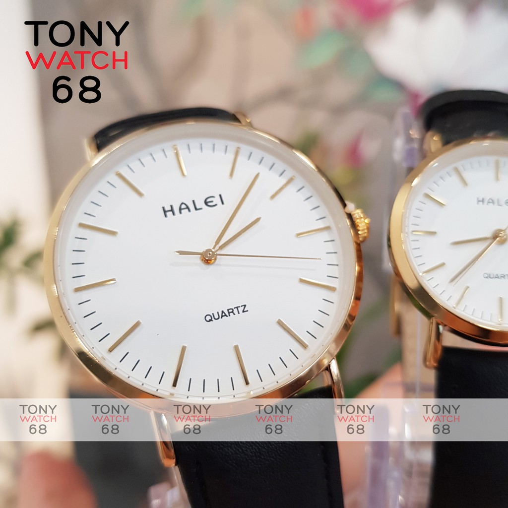 Đồng hồ cặp đôi nam nữ Halei dây da chống nước chính hãng viền mạ vàng Tony Watch 68