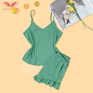Bộ quần áo ngủ lụa 2 dây quần xòe xếp ly cao cấp Vingo N248 xanh đỏ hồng