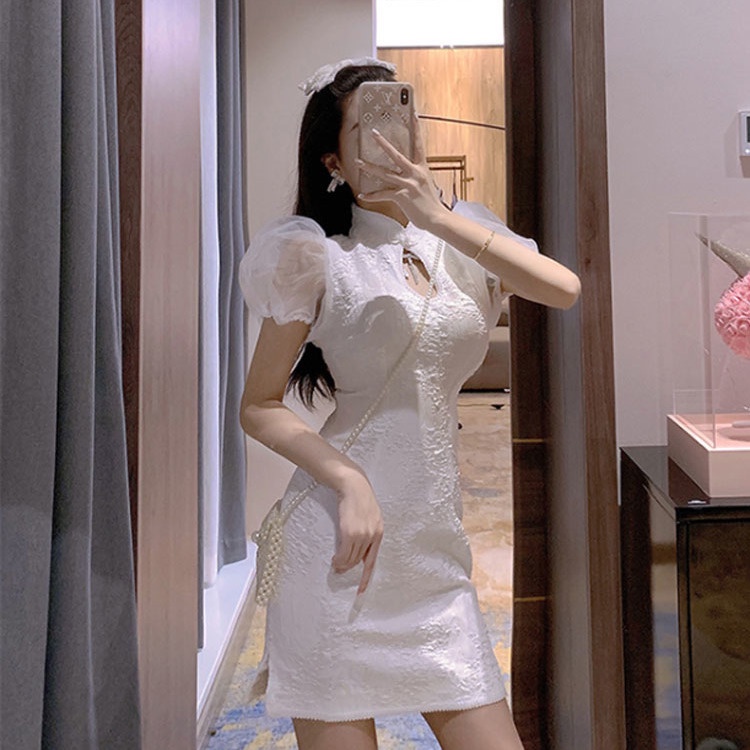 Sườn xám cách tân tay phồng thiết kế mới quyến rũ thời trang theo phong cách trung hoa cho nữ