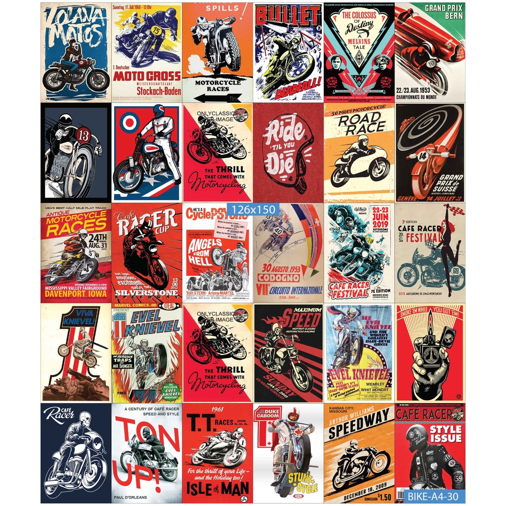 Combo Set 30 tờ Decal dán tường chủ đề Bike A3,A4,A5