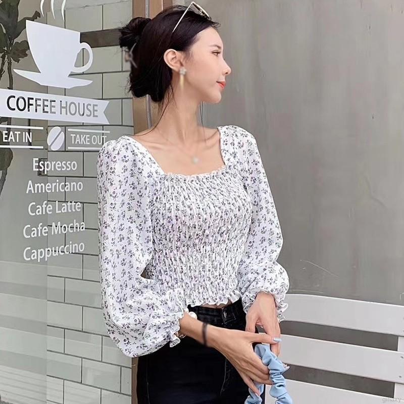 Áo Sơ Mi Tay Dài Cổ Vuông Họa Tiết Hoa Xinh Xắn Phong Cách Hàn Quốc