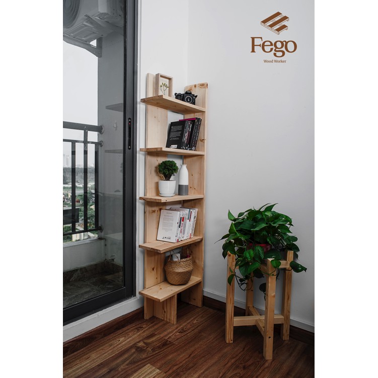 Kệ góc tường đứng gỗ thông/ Kệ đứng góc 5 ngăn trang trí nhà