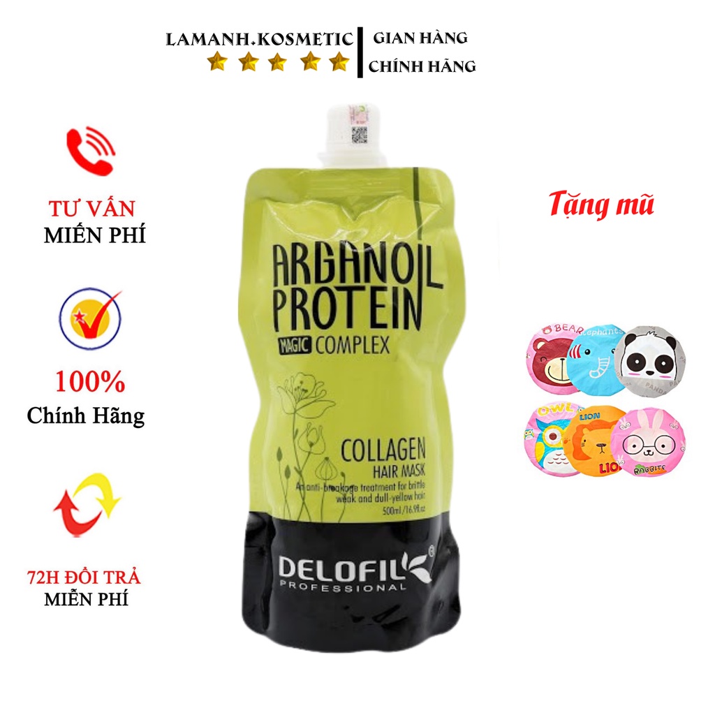 Kem ủ hấp tóc  DELOFIL COLLAGEN  ARGAN OIL - PROTEIN -MAGIC COMPLEX phục hồi tóc siêu mượt hương thơm nước hoa túi 500ml