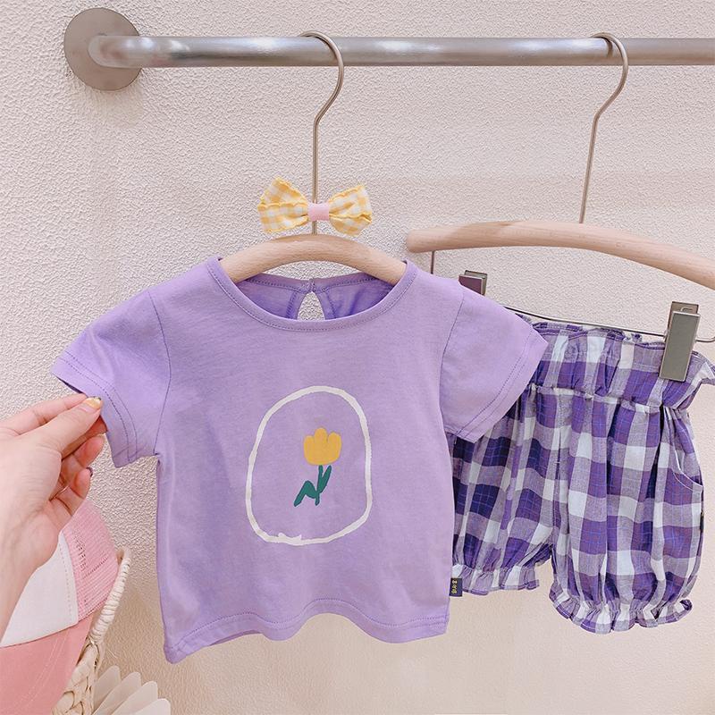 Set Áo Thun Hoa + Quần Short Kẻ Sọc Caro Trẻ Trung Thời Trang Hè Phong Cách Hàn Quốc 2023 Mới Cho Bé Gái