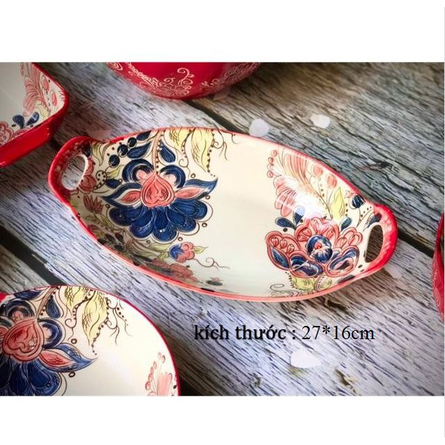 Chén bát sứ tráng men hoa đỏ trang trí bàn ăn, dùng trong lò nướng. lò vi sóng
