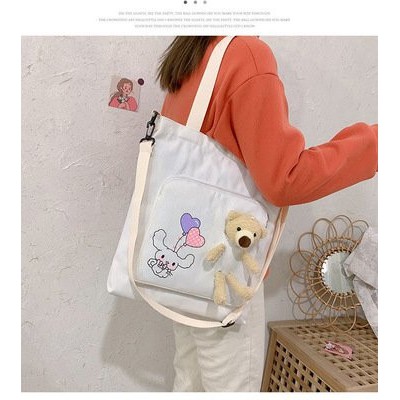 Túi nữ tote vải canvas đeo vai gấu dễ thương có khoá kéo tiện lợi G0080 chất liệu bền đẹp