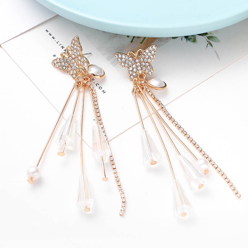 Bông Tai Dáng Dài Phối Tua Rua Hình Bướm Phong Cách Cổ Điển Thời Trang Dự Tiệc Cưới